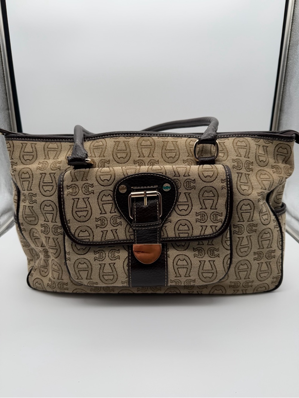 Etienne Aigner Beige Canvas Tote with Dark Brown Trim